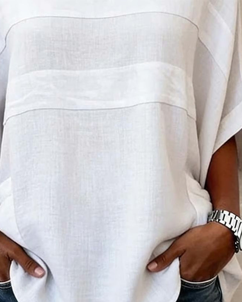 Bluse Fledermausärmel Baumwolle Und Leinen Loose Fit Rundhalsausschnitt