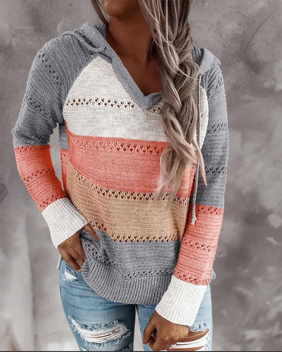 Pullover Farbblock Ausschnitt Mit Kapuze Gestrickt