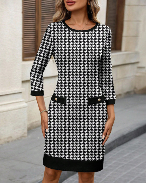 Kleid Damen Rundhals Hahnentritt Bodycon Midi