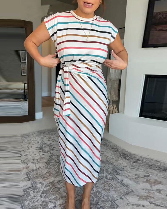 Kleid Lässig Bunt Gestreift Taillengürtel