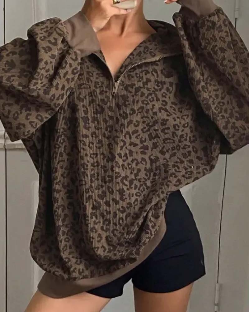 Sweatshirt Reißverschluss Leopard Lässig