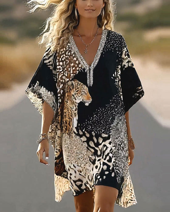 Kleid V-Ausschnitt Leopard Farbblock