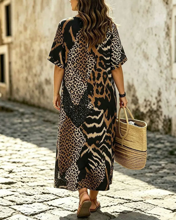 Kleid Rundhals Halbarm Leopardenmuster Ausgestellt