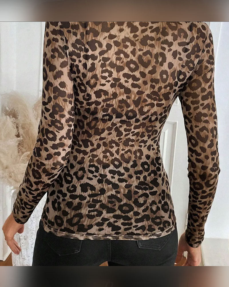 Top Leopardenmuster Rundhals Langarm