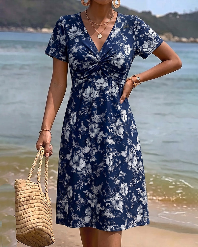 Kleid Blumen V-Ausschnitt Twist Knoten