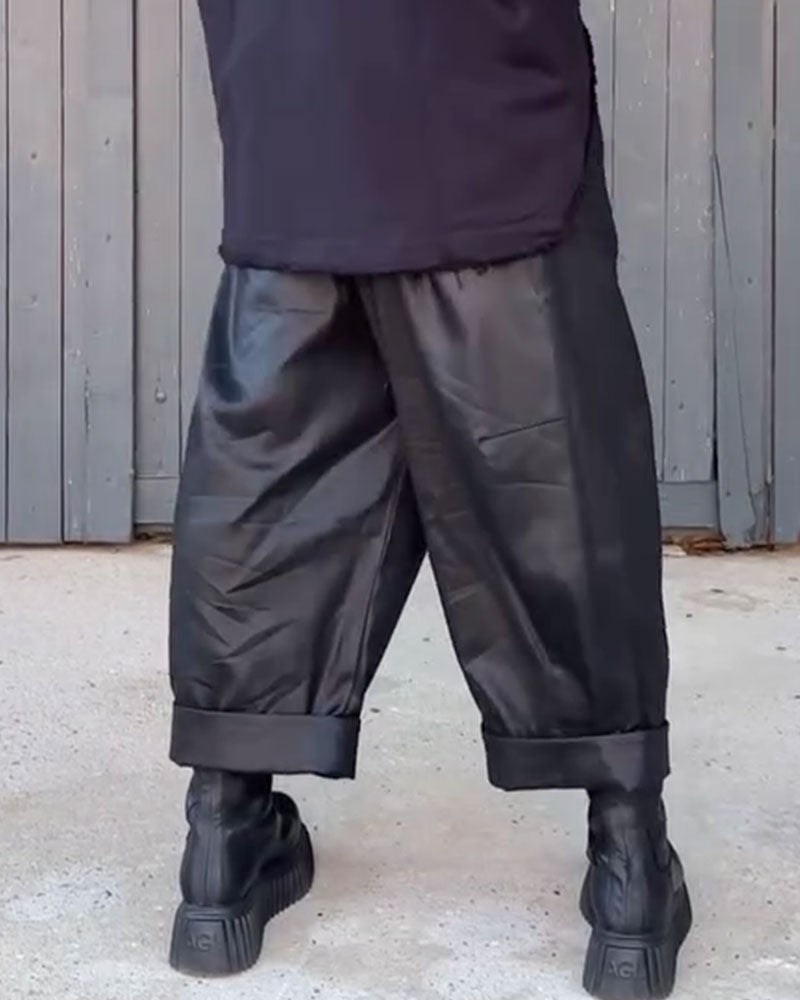 Hose Hohe Taille Weites Bein Aufgerollter Saum