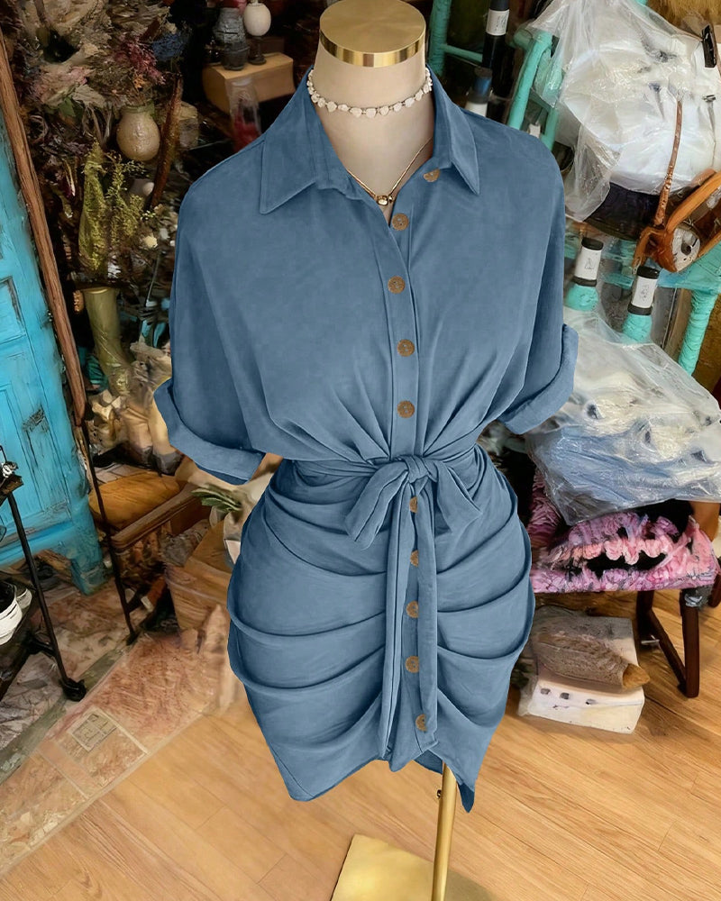 Kleid Binden Knopf Plissiert Hemd Kragen