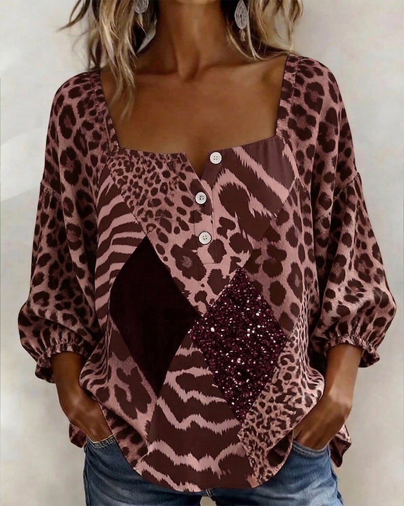 Bluse Quadratischer Ausschnitt Leopardenmuster Patchwork Paillette