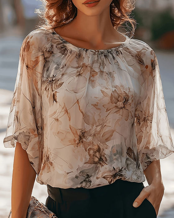 Bluse Tintenwäsche Blumen Puffärmel