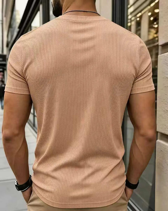 T-Shirt V-Ausschnitt Gerippt Uni Farbe Herren
