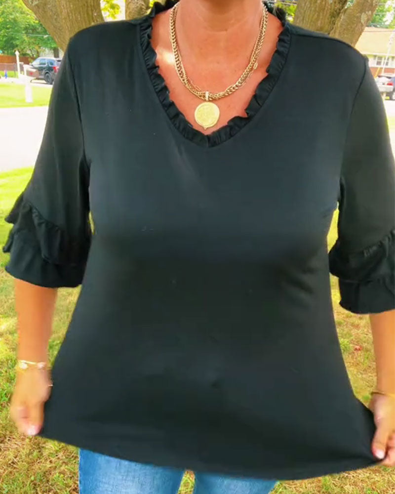 Top Rüsche V-Ausschnitt Dreiviertel Ärmel