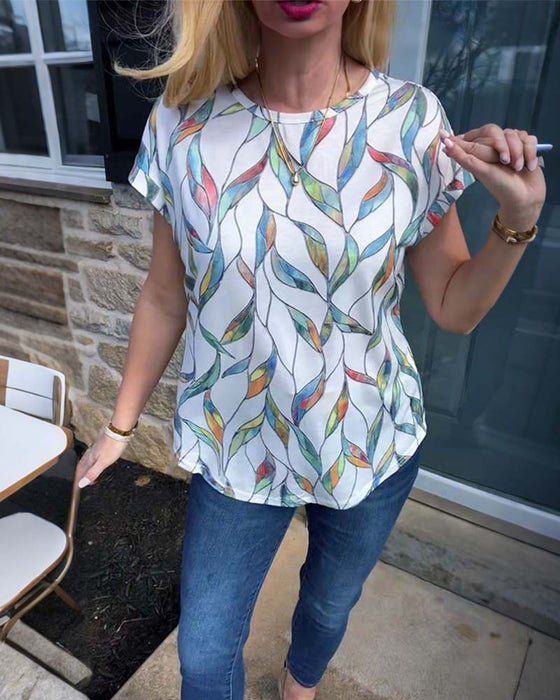 T-Shirt Rundhals Bunte Blätter Print