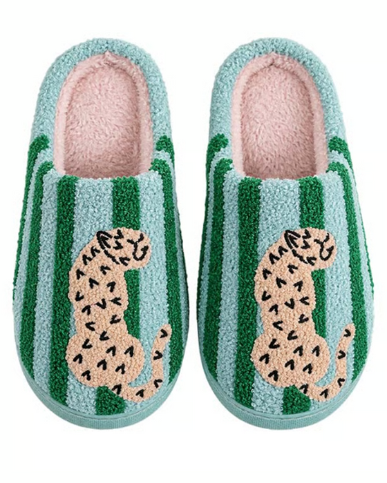 Dames Retro Gestreept & Luipaard Pluizige Pantoffels