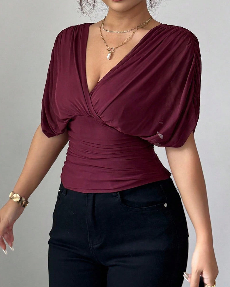 Bluse Uni Farbe Tiefer V-Ausschnitt Taille Kurzarm
