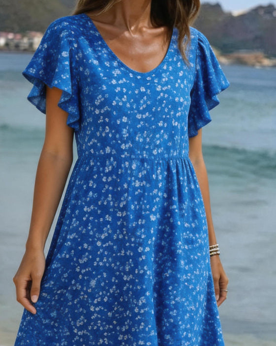 Kleid U-Ausschnitt Taille Print Flatterärmel