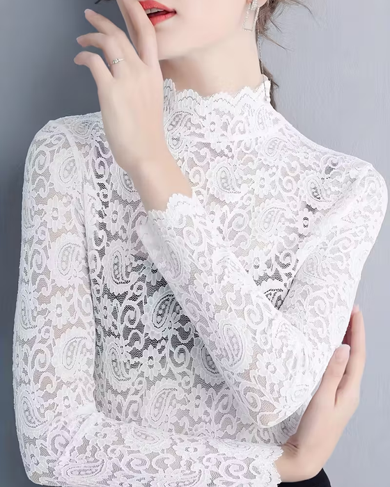 Top Elegant Unifarben Halbausschnitt Langarm Spitze