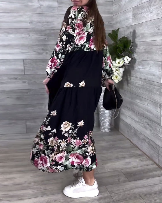 Kleid Blumenmuster Lässig Laternenärmel