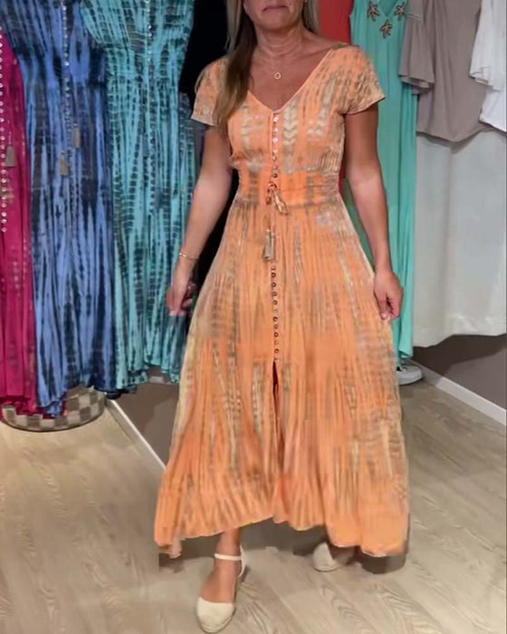 Kleid V-Ausschnitt Tie-Dye Kurzarm