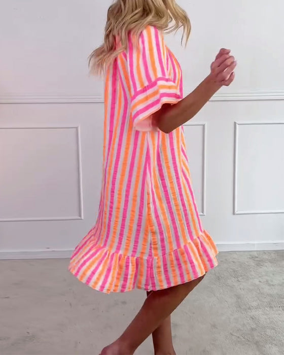 Kleid Rundhals gestreift plissiertes Shiftkleid