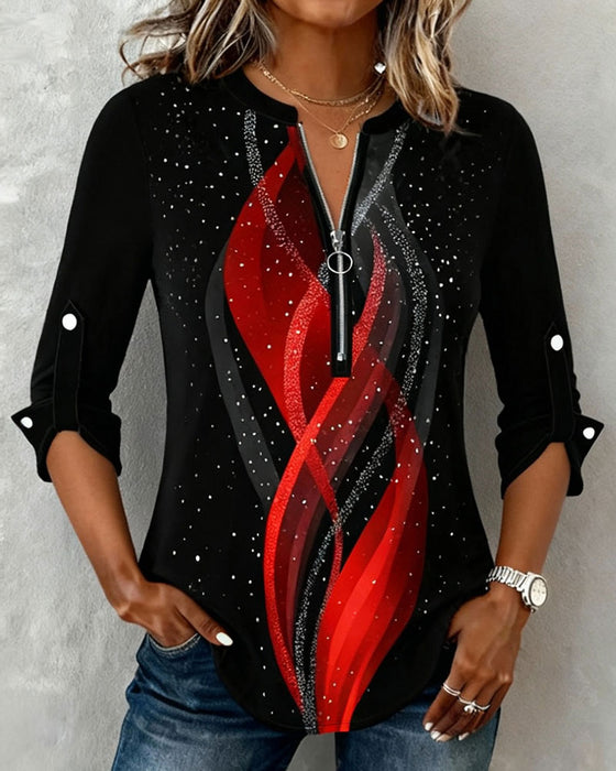 Langärmliges bedrucktes Top mit Halbreißverschluss