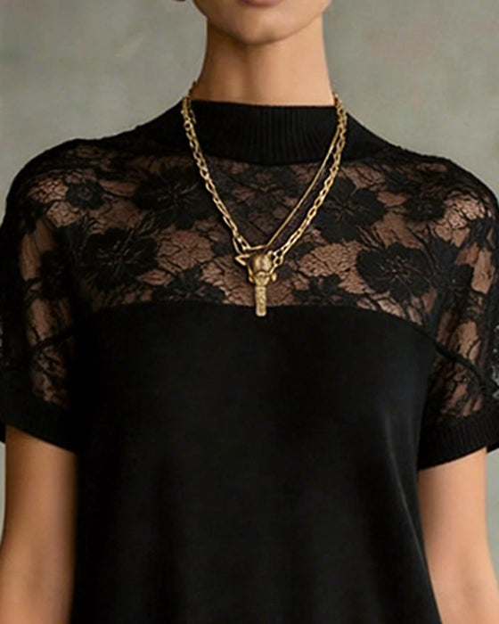 Kleid Spitzeneinsatz Mock Neck