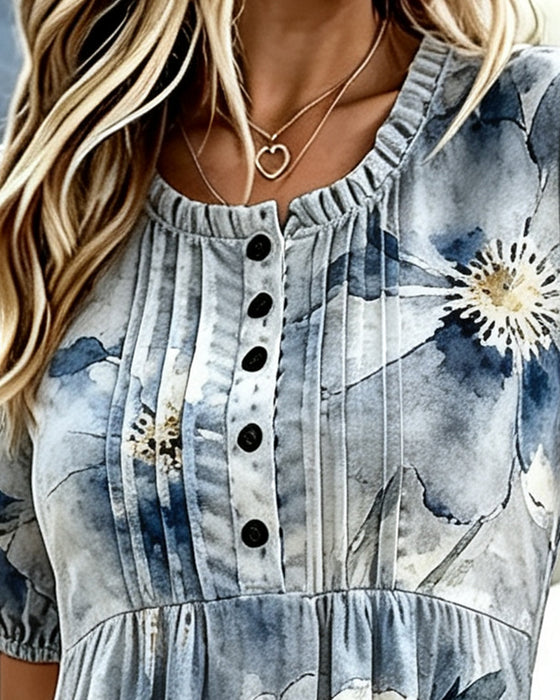 Kleid Rüsche Besatz Tie-Dye Blumig Taille