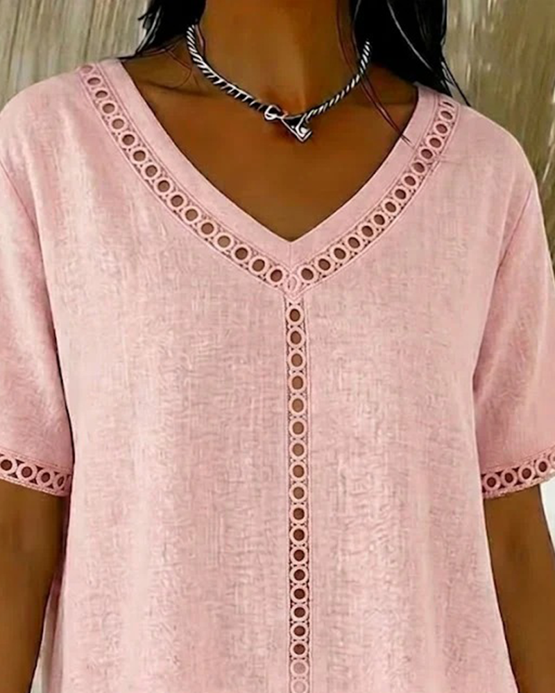 Top Hohl V-Ausschnitt Baumwolle Leinen