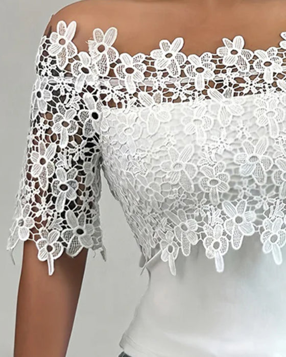 Bluse Off-Shoulder Blumig Spitze Oberteil