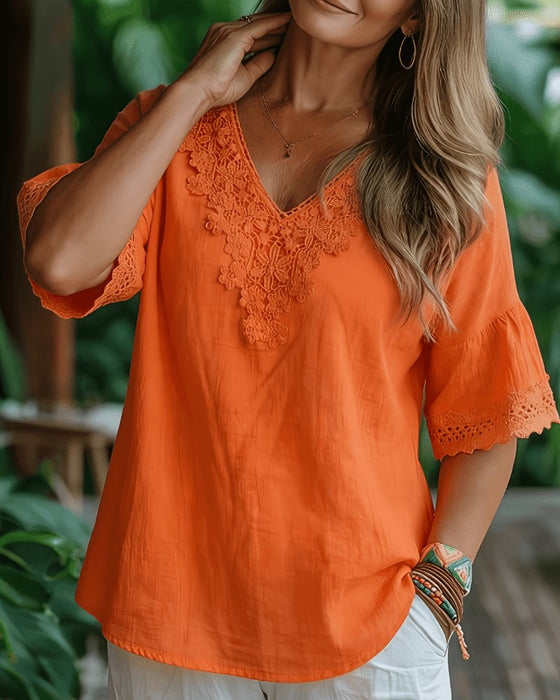 Bluse Spitze Hollow Out V-Ausschnitt