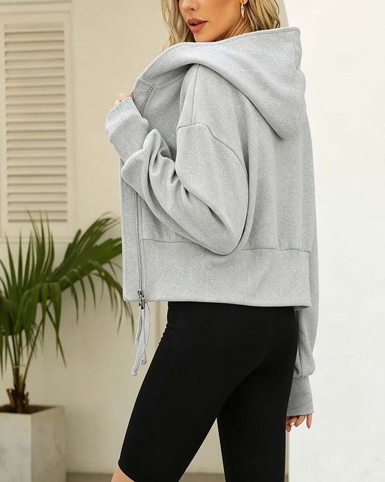 Mantel Doppelter Reißverschluss Kurze Kapuze Sweatshirt