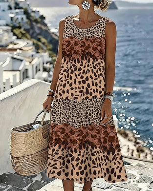 Kleid Farbblock Leopard Druck Ärmellos Midi
