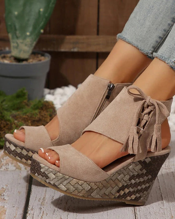 👡Damen-Sandalen mit offener Zehenpartie und Plateau-Keilabsatz und Quaste