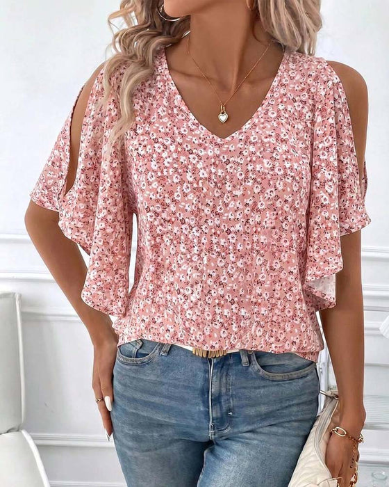 Bluse V-Ausschnitt Blumig Off-Shoulder Flügelärmel