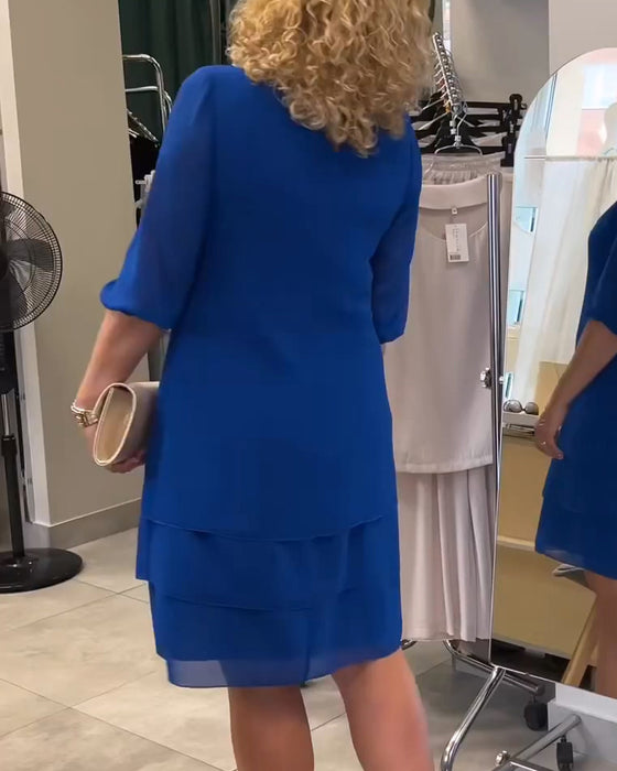 Kleid Halbärmel Rundhals Doppellag Gestuft
