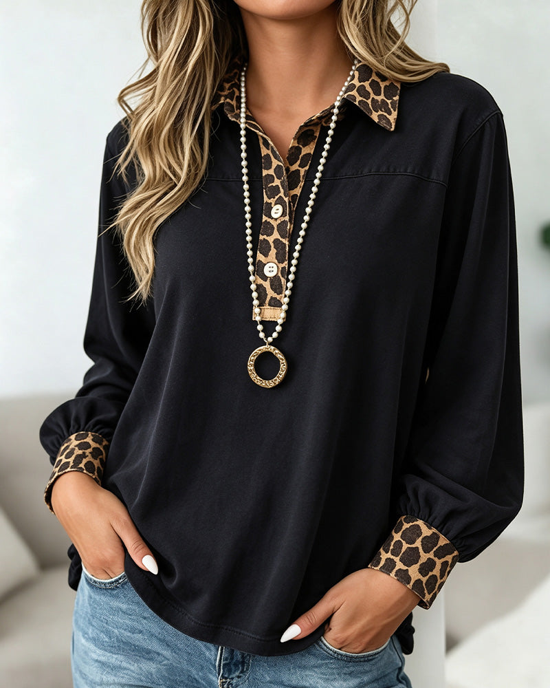 Top Leopardenmuster Revers Patchwork Knopf