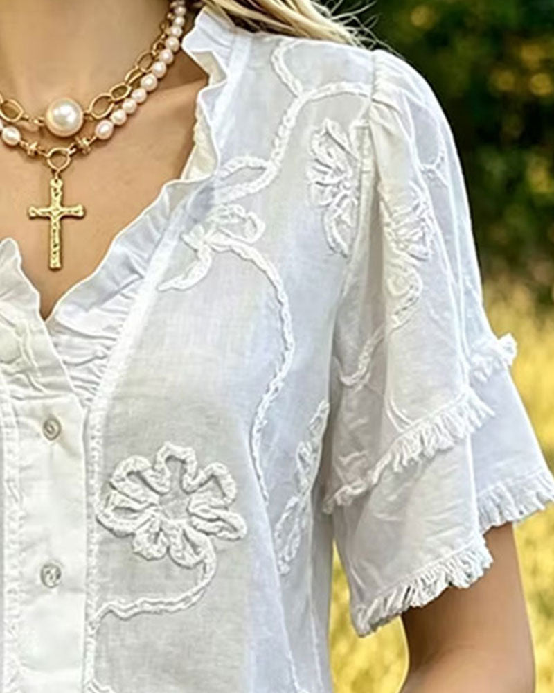Bluse Fransensaum Puffärmel