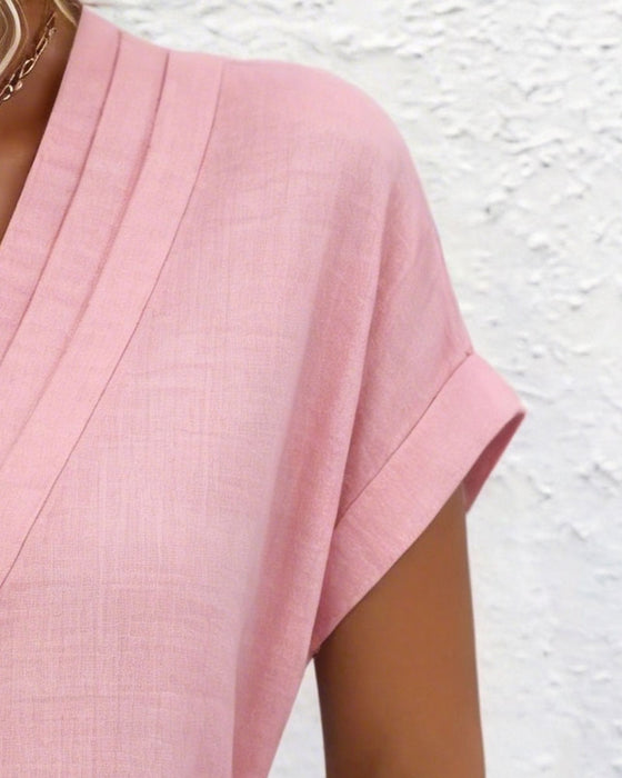 Kleid V-Ausschnitt Kurzärmelig Baumwolle Und Leinen Gerade