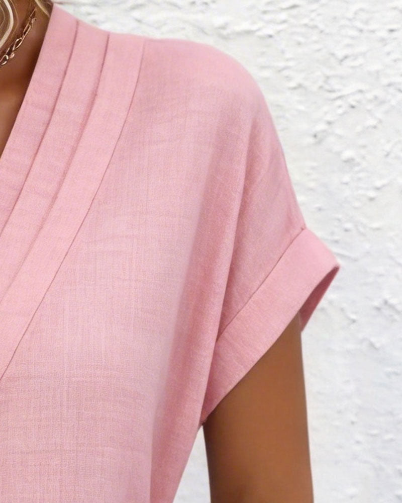 Kleid V-Ausschnitt Kurzärmelig Baumwolle Und Leinen Gerade