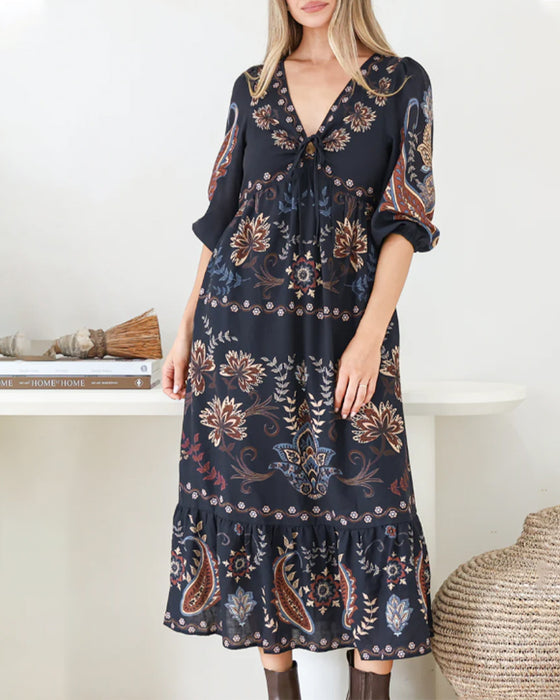 Kleid V-Ausschnitt Blasenärmel