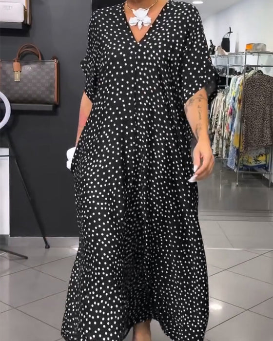 Kleid V-Ausschnitt Gepunktet Locker Ausgestellt