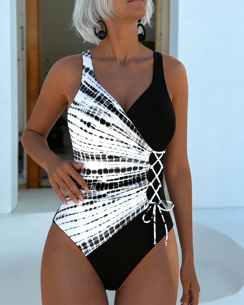 Einteiliger Badeanzug Color-Block gepunktet