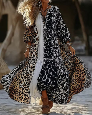 Kleid V-Ausschnitt Leopardenmuster Puffärmel Ausgestellter Rock