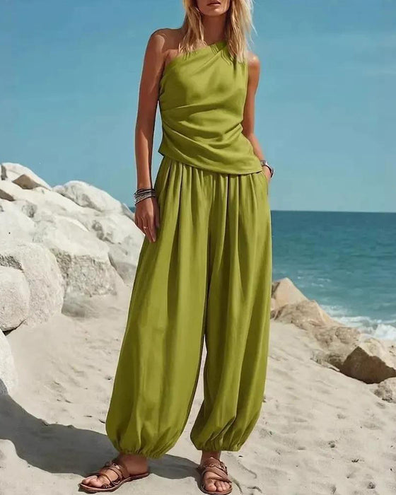 Set Ein Schulter Tank Top Hohe Taille Hose