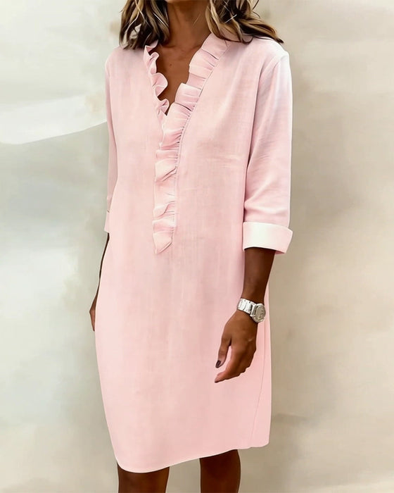 Kleid gerüscht V-Ausschnitt einfarbig