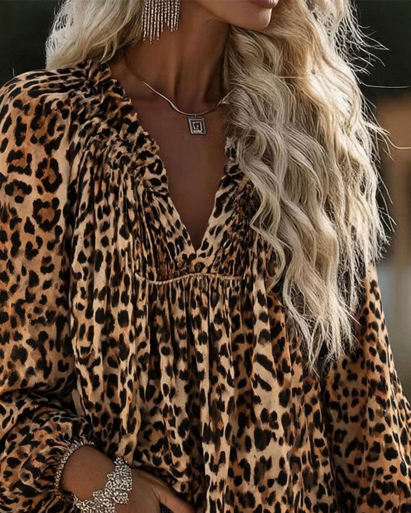 Bluse V-Ausschnitt Leopardenmuster Rüschen Puffärmel