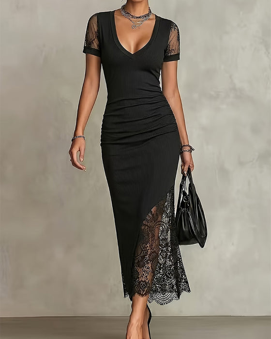 Kleid V-Ausschnitt Spitze Patchwork Taille