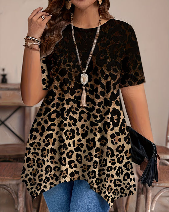 T-Shirt Verlauf Leopard Druck Asymmetrisch