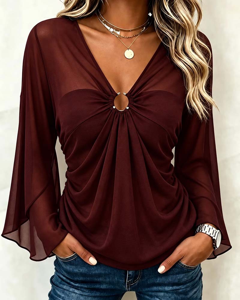 Bluse V-Ausschnitt Metall Ring Twist