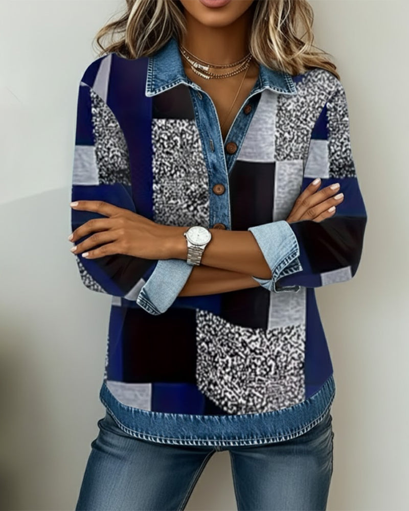 Sweatshirt Denim Patchwork-Print casual