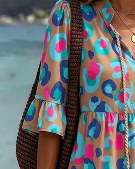 Kleid Bunt Druck Franse V-Ausschnitt Resort
